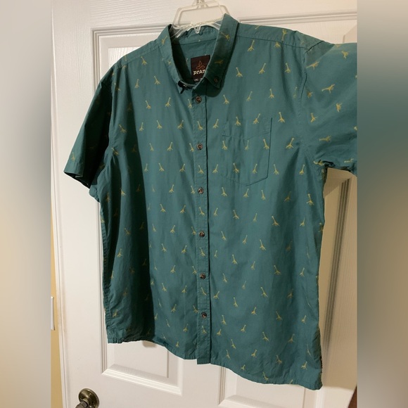 Prana Broderick Giraffe Embroidery Short Sleeve Men’s Button Down Shirt Teal L - Picture 12 of 13